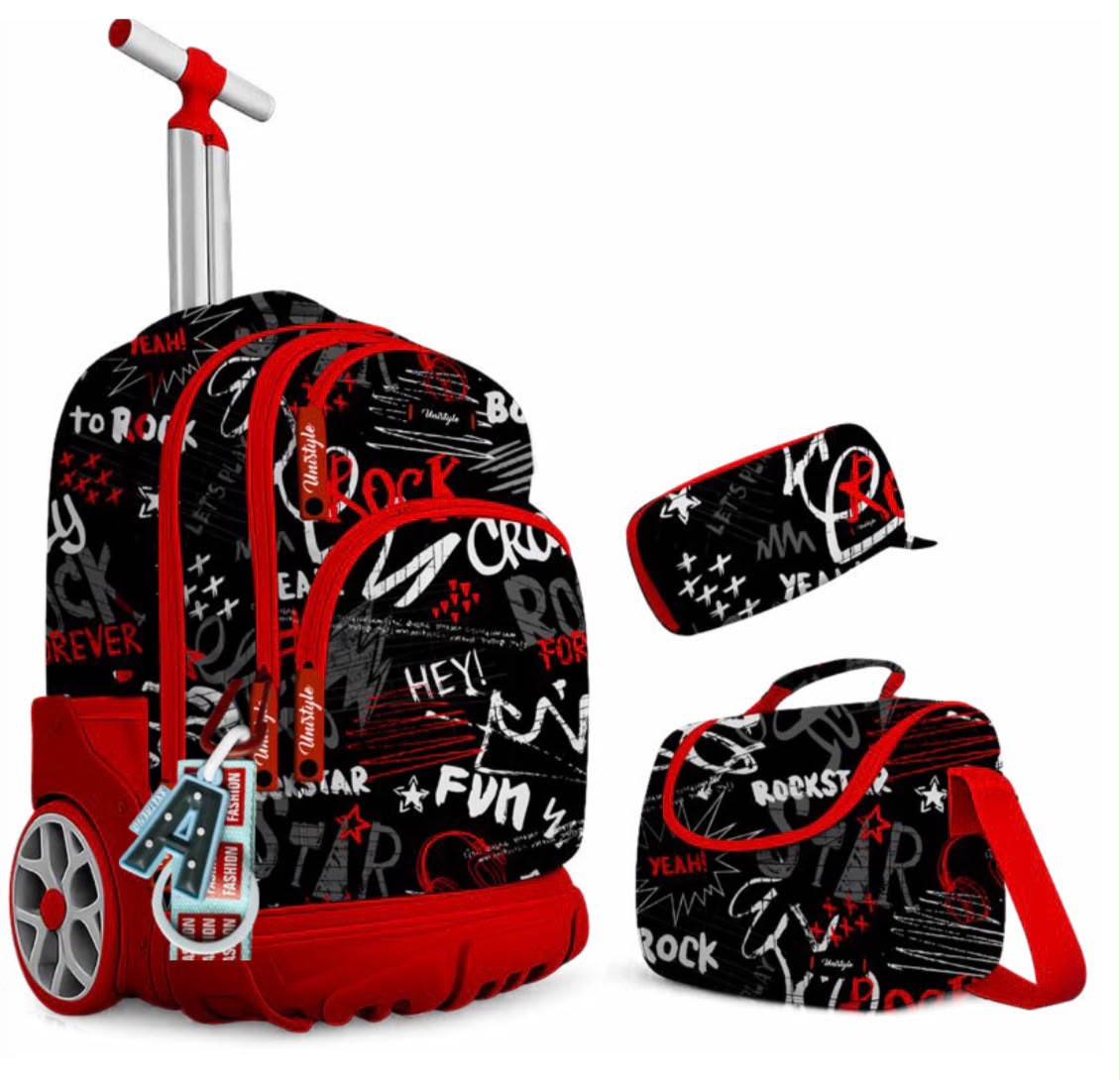 Pack Scolaire à Roulettes Rock Star 3 en 1 – Sac, Lunchbox & Trousse