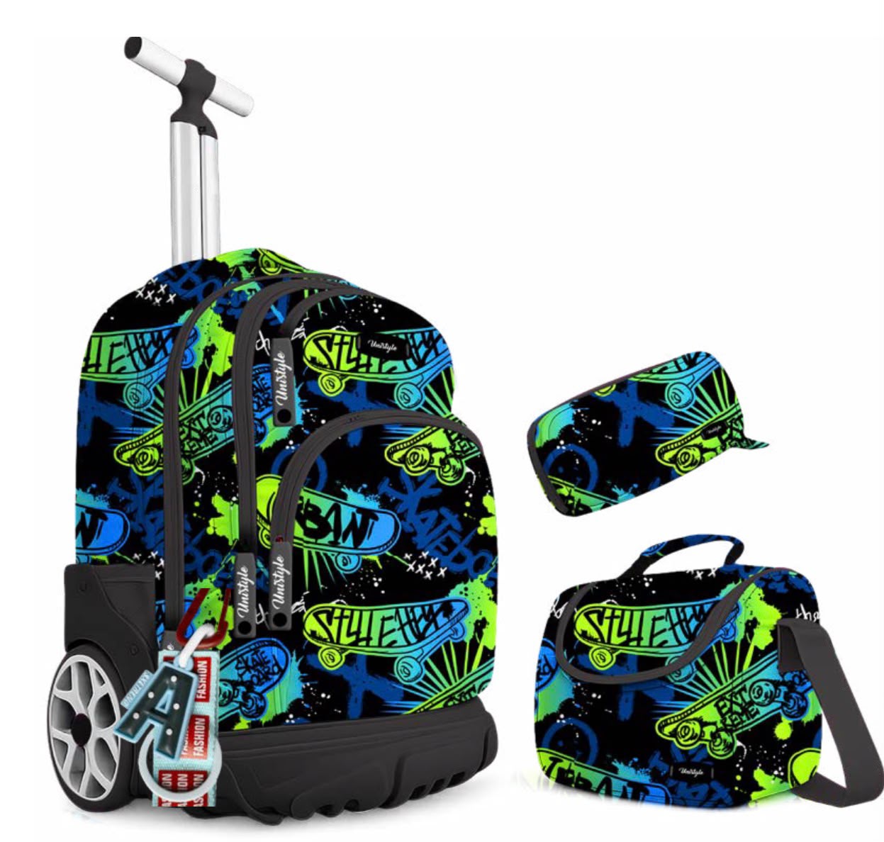 Pack Scolaire à Roulettes Skateboard 3 en 1 – Sac, Lunchbox & Trousse