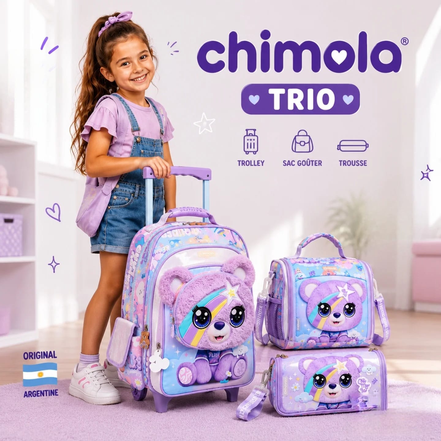 Cartable à Roulettes Fille Chimola Trio Ours Pastel 3 en 1