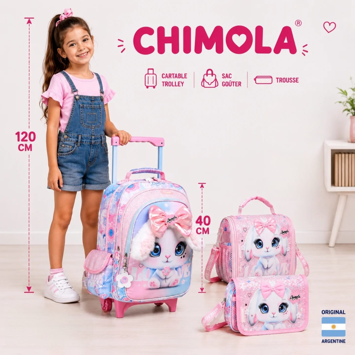 Pack Scolaire Chimola Trio – Sac à Roulettes Lapin Rose, Sac Goûter & Trousse