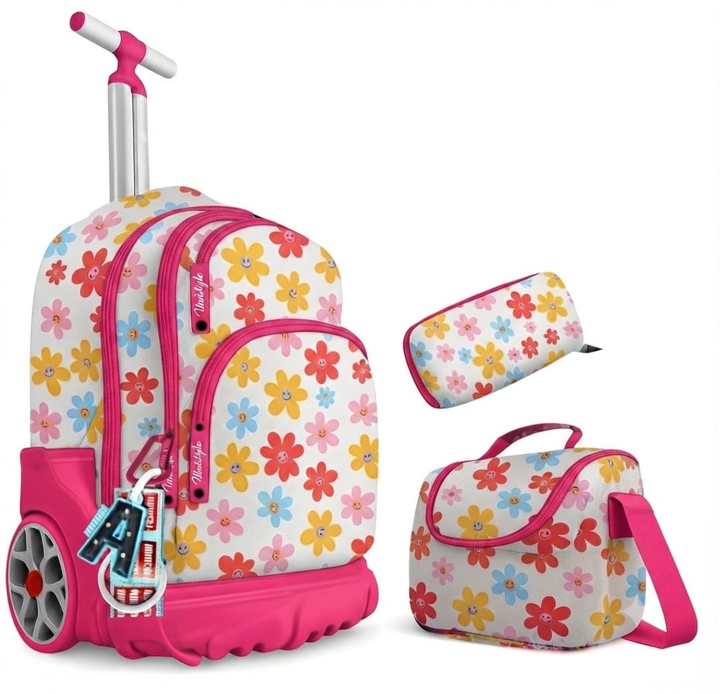 Cartable à Roulettes Fille 3 en 1 – Sac à Dos Trolley Motif Fleurs Colorées & Smiley (Inclus Sac Isotherme + Trousse) – Blanc & Rose