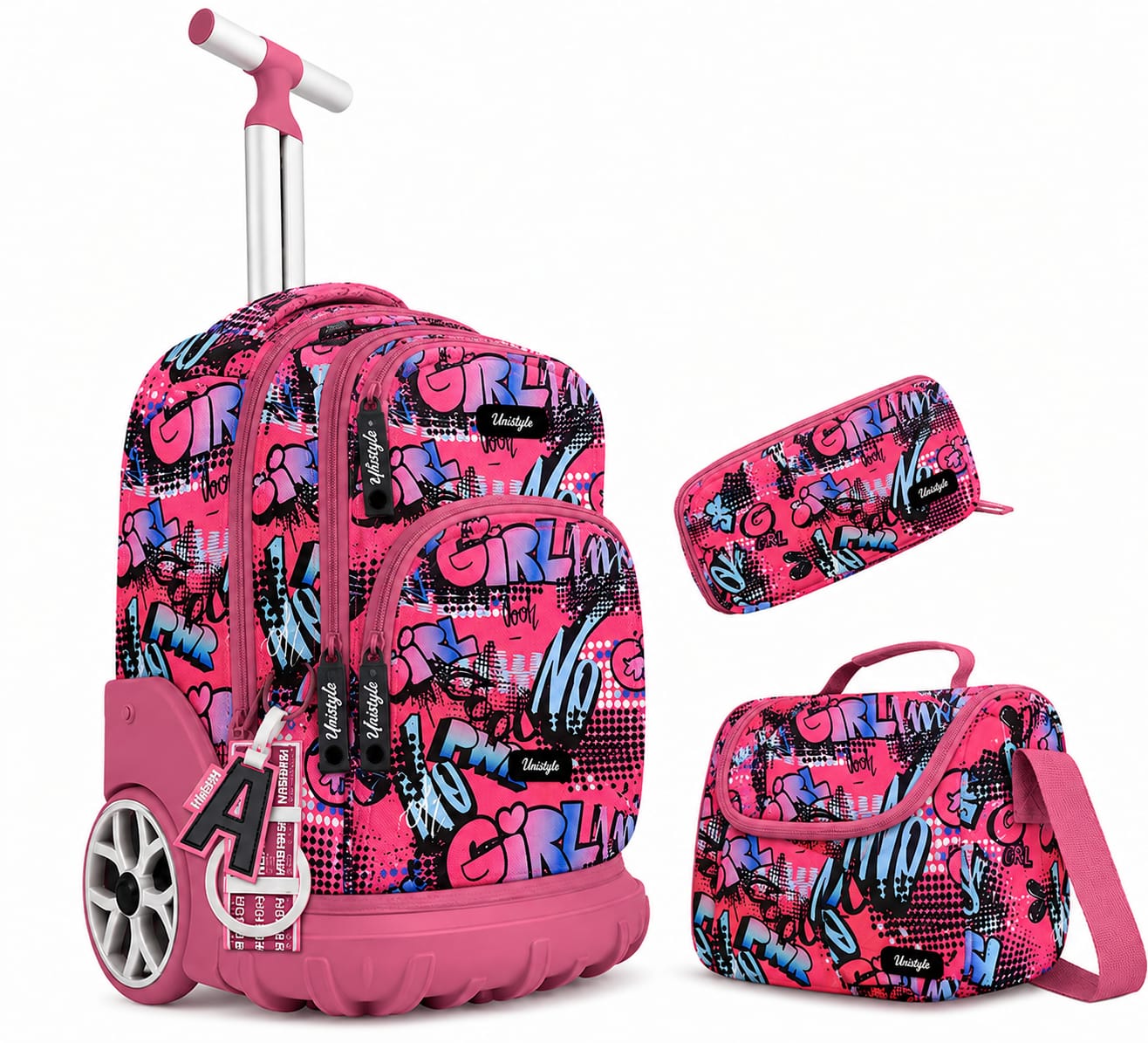 Cartable à Roulettes 3 Pièces Unistyle – Sac à Dos Scolaire, Trousse et Sac Isotherme (Design Graffiti Rose & Bleu)