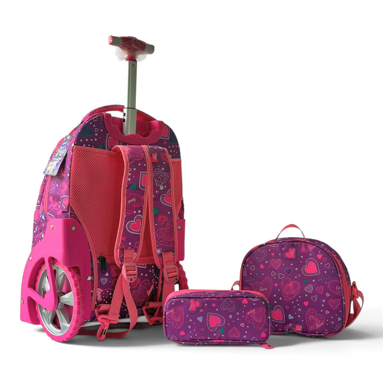 Sac à Roulette Scolaire 3 Pièces - Motif Cœurs Violet & Rose