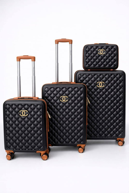 Set de Valises de Voyage 4 Pièces – Design Matelassé Noir & Détails Camel, Roulettes 360° 🧳✨