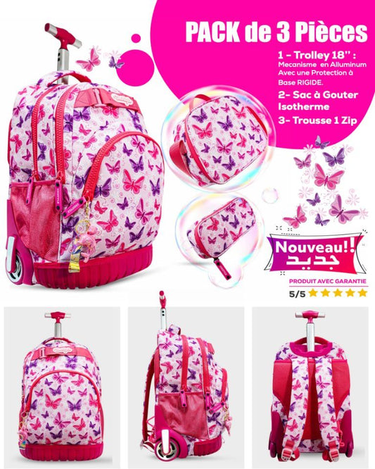 Pack 3 pièces fille: Trolley 18" + sac à goûter + trousse