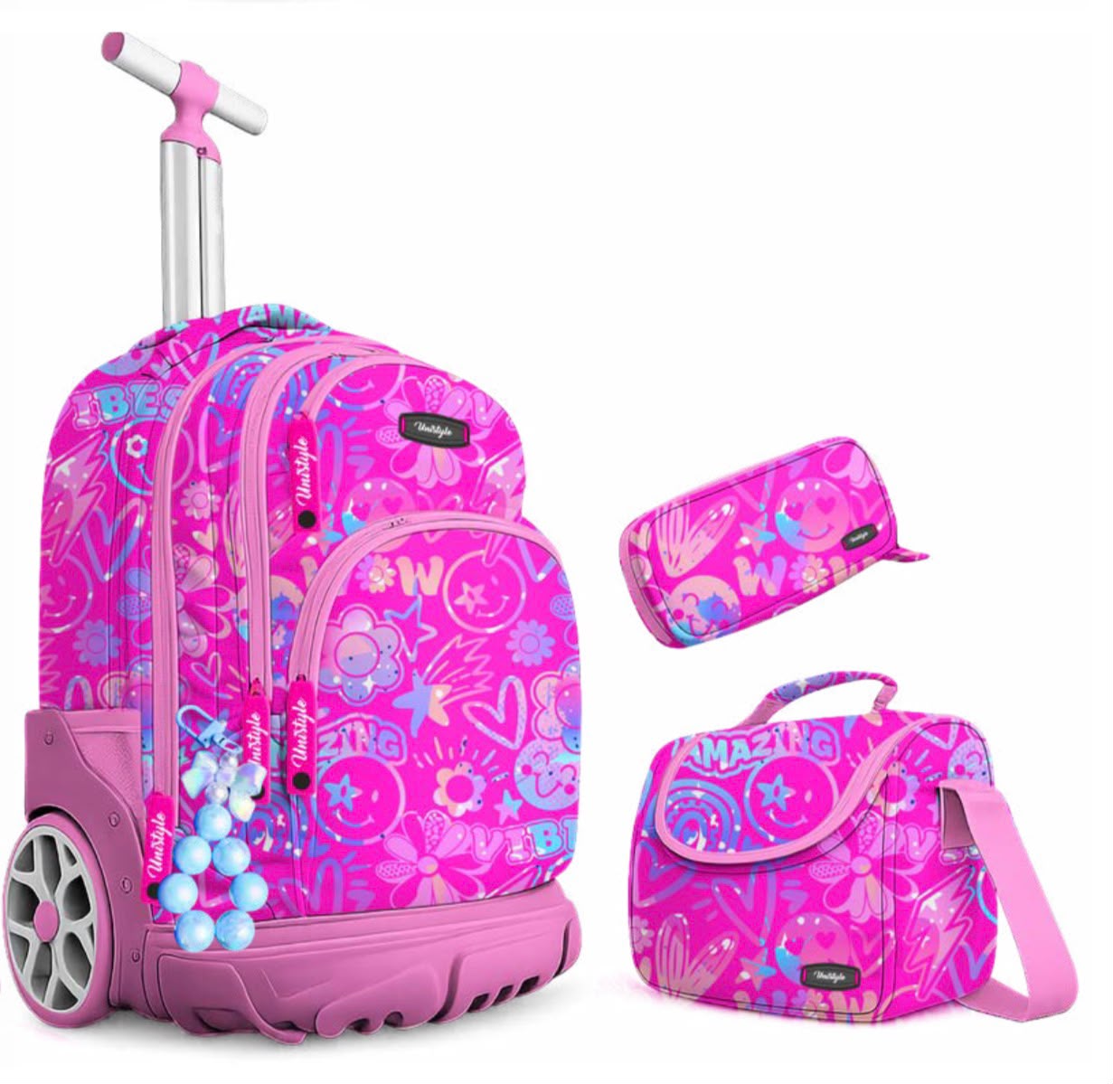 Cartable à Roulettes Fille Rose Flashy - Ensemble Scolaire Complet 3 Pièces