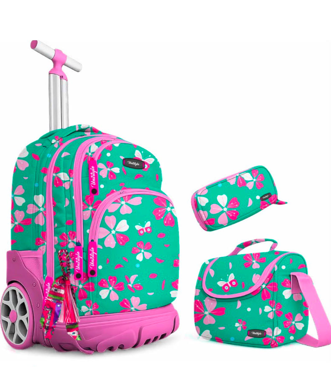 Cartable à Roulettes Fille Rose Flashy - Ensemble Scolaire Complet 3 Pièce