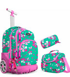 Cartable à Roulettes Fille Rose Flashy - Ensemble Scolaire Complet 3 Pièce