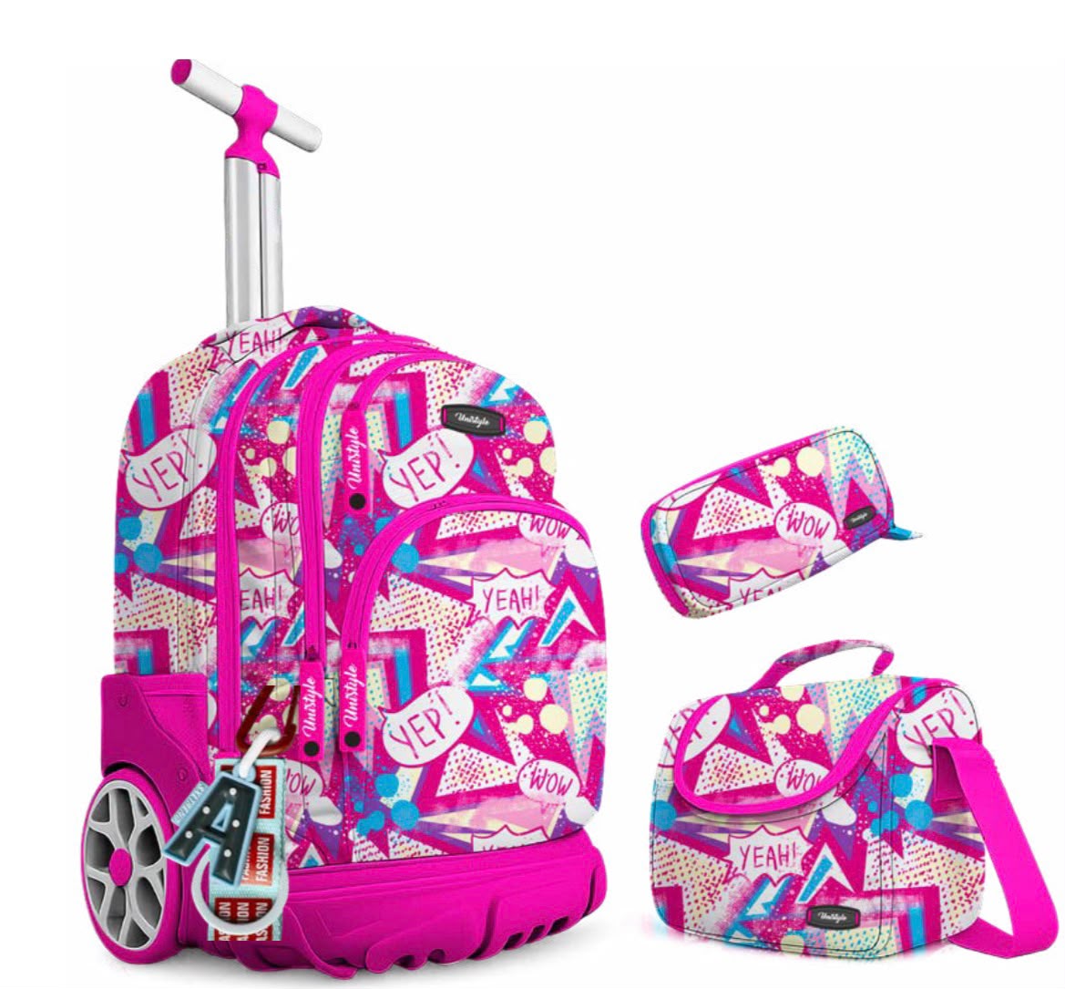 ack Scolaire 3 en 1 pour Filles - Cartable à Roulettes, Trousse & Sac Goûter (Rose/Motifs)
