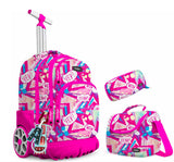 ack Scolaire 3 en 1 pour Filles - Cartable à Roulettes, Trousse & Sac Goûter (Rose/Motifs)