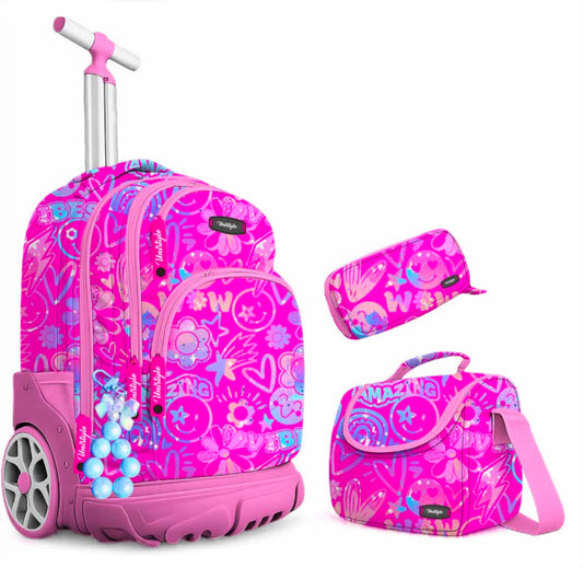 Cartable à Roulettes Fille Rose Flashy - Ensemble Scolaire Complet 3 Pièces