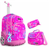 Cartable à Roulettes Fille Rose Flashy - Ensemble Scolaire Complet 3 Pièces