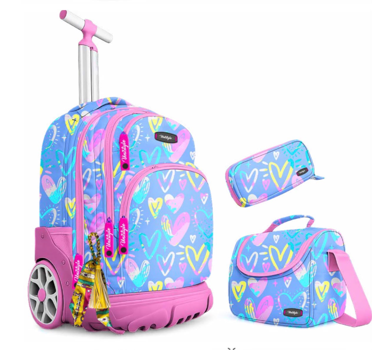 Pack Scolaire 3 en 1 à Roulettes Fille – Bleu Ciel & Motifs Cœurs Roses