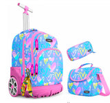 Pack Scolaire 3 en 1 à Roulettes Fille – Bleu Ciel & Motifs Cœurs Roses