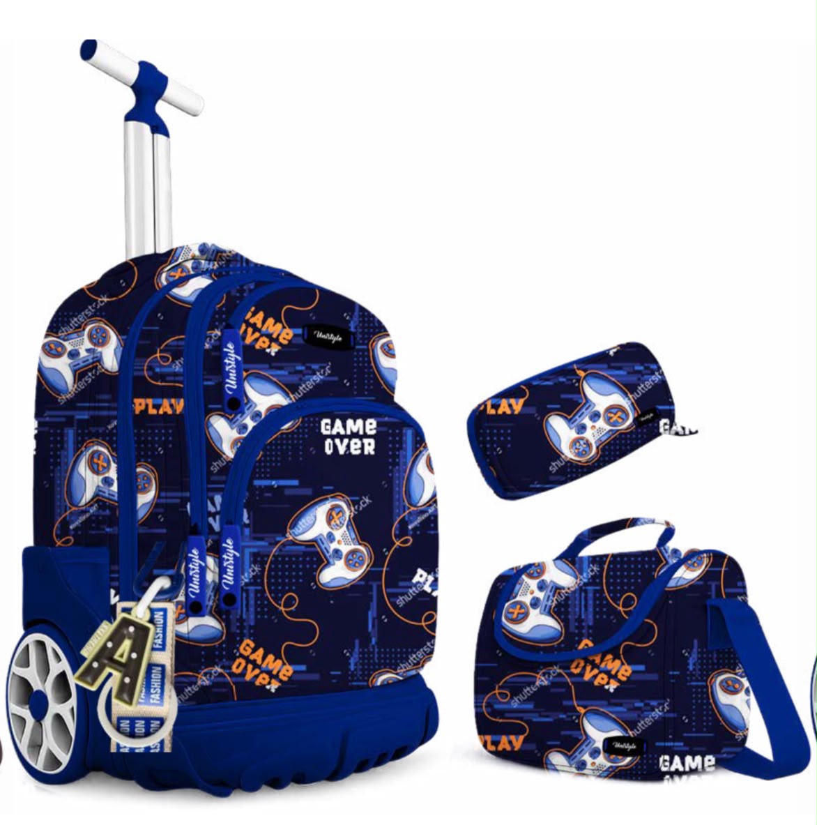 Pack Scolaire 3 en 1 à Roulettes Garçon – Thème Gaming & Game Over (Bleu Marine)