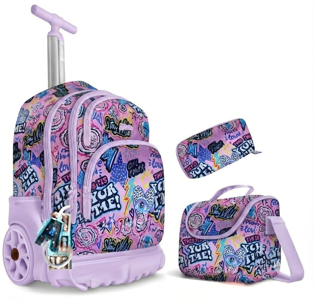 Cartable Trolley Fille High-Tech 3 en 1 – Ensemble Sac à Dos à Roulettes Grand Format, Sac Lunch Isotherme & Trousse assortie