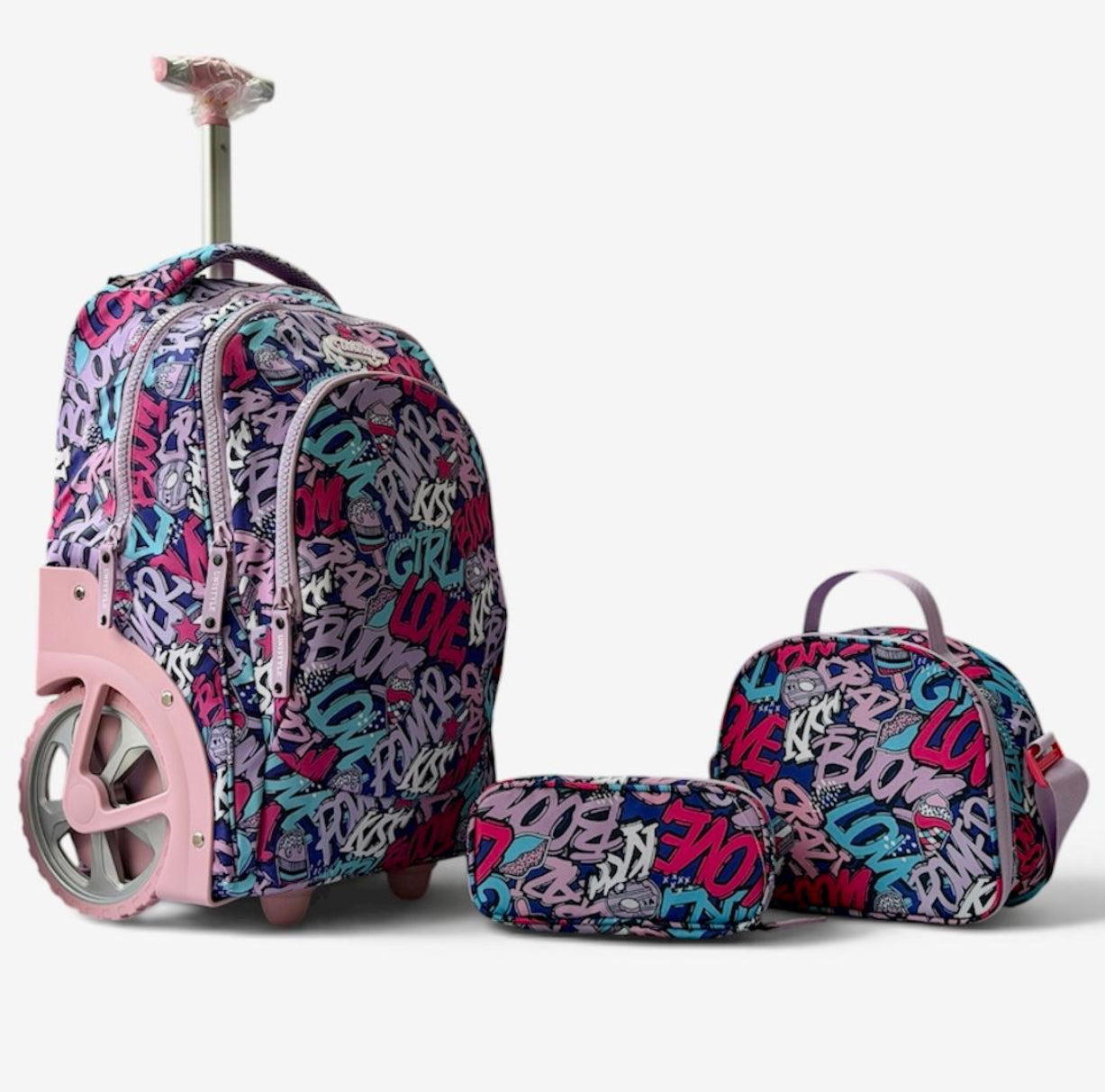 Cartable à Roulettes 3 Pièces Unistyle – Sac à Dos Scolaire, Trousse et Sac Isotherme (Design Graffiti Violet, Rose & Bleu)