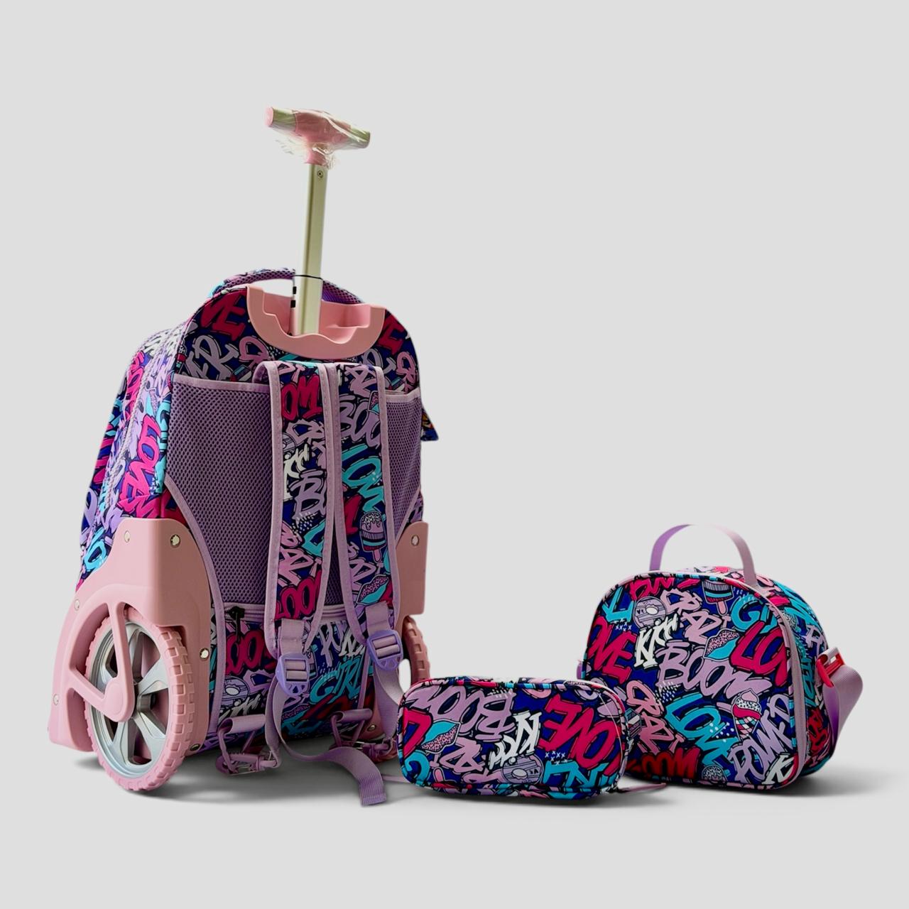 Cartable à Roulettes 3 Pièces Unistyle – Sac à Dos Scolaire, Trousse et Sac Isotherme (Design Graffiti Violet, Rose & Bleu)