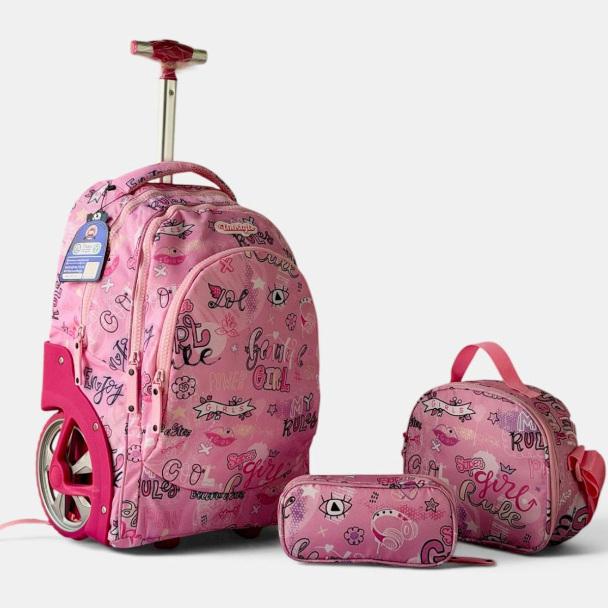 Cartable à Roulettes 3 Pièces Unistyle – Sac à Dos Scolaire, Trousse et Sac Isotherme (Design Girl Power Pink)