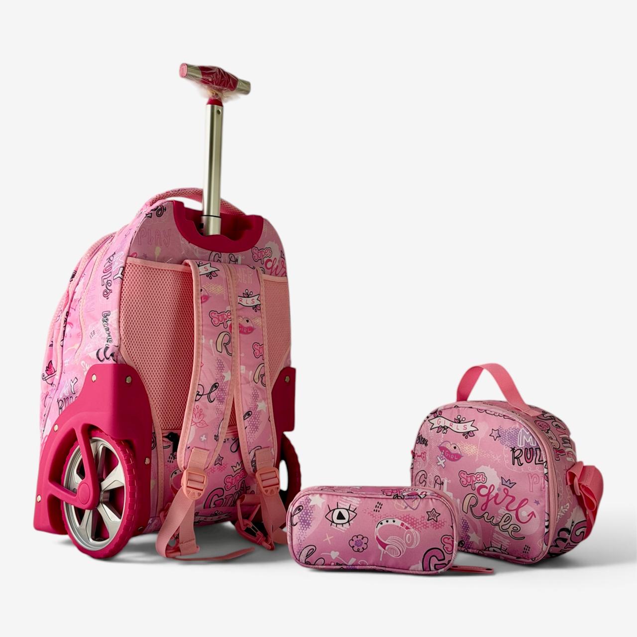 Cartable à Roulettes 3 Pièces Unistyle – Sac à Dos Scolaire, Trousse et Sac Isotherme (Design Girl Power Pink)