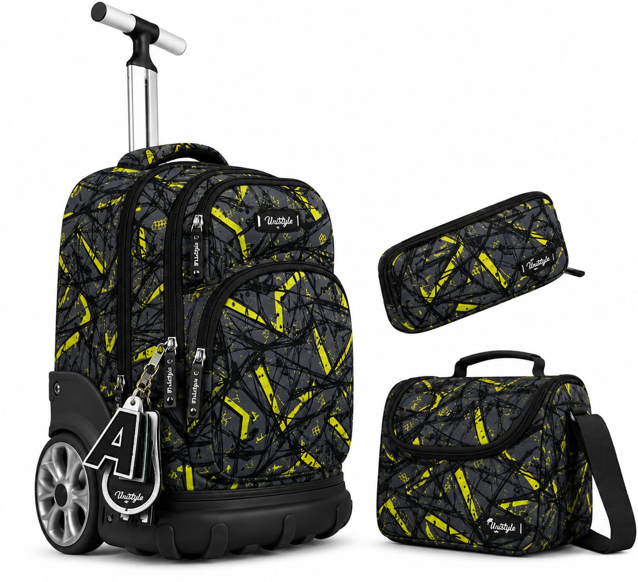 Cartable à Roulettes 3 Pièces Unistyle – Sac à Dos Scolaire, Trousse et Sac Isotherme (Motif Graphique Noir/Jaune)