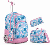 Cartable à Roulettes 3 Pièces Unistyle – Sac à Dos Scolaire, Trousse et Sac Isotherme (Motif Floral Bleu & Rose)