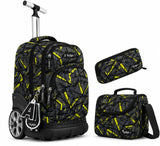 Cartable à Roulettes 3 Pièces Unistyle – Sac à Dos Scolaire, Trousse et Sac Isotherme (Motif Graphique Noir/Jaune)