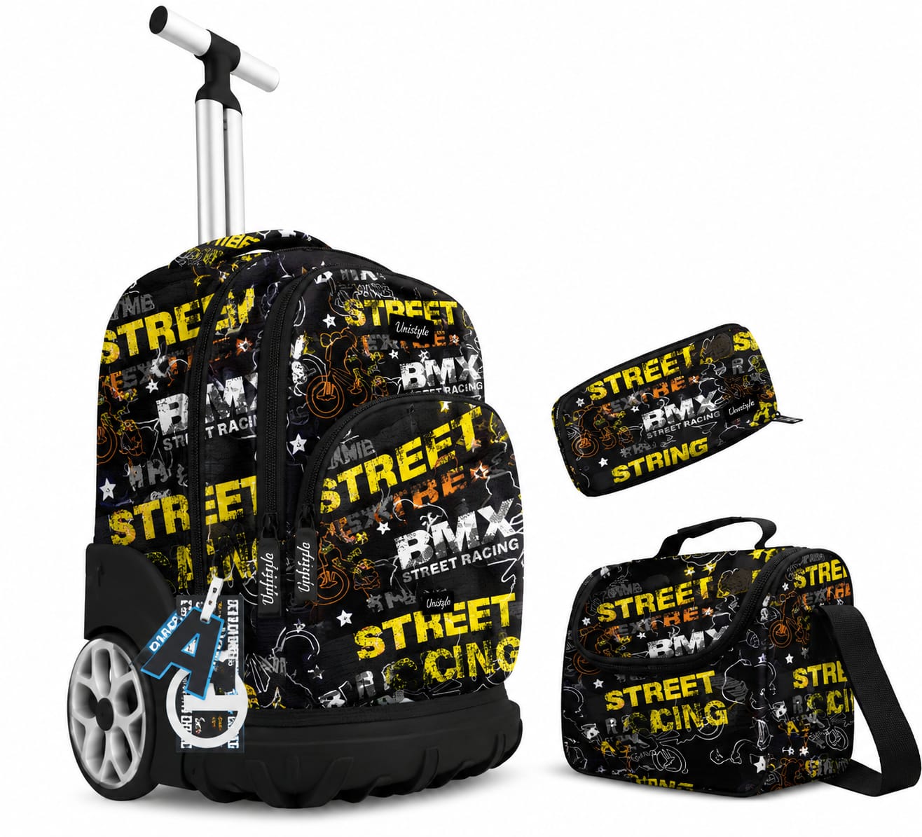 Propositions de Titres (3ONWANE)  Option 1 (SEO / Complet) : Cartable à Roulettes 3 Pièces Unistyle – Sac à Dos Scolaire, Trousse et Sac Isotherme (Design BMX Street Racing Noir & Jaune)