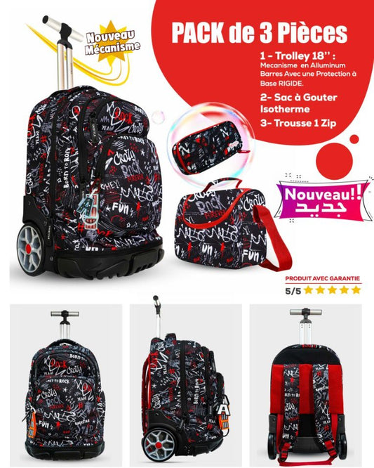 Pack 3 pièces garçon : Trolley 18" + sac à goûter + trousse