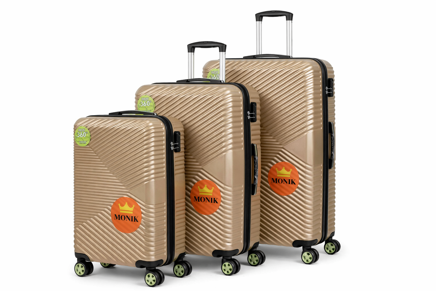 Ensemble de valises MONIK – 3 pièces en couleur dorée avec roues 360°