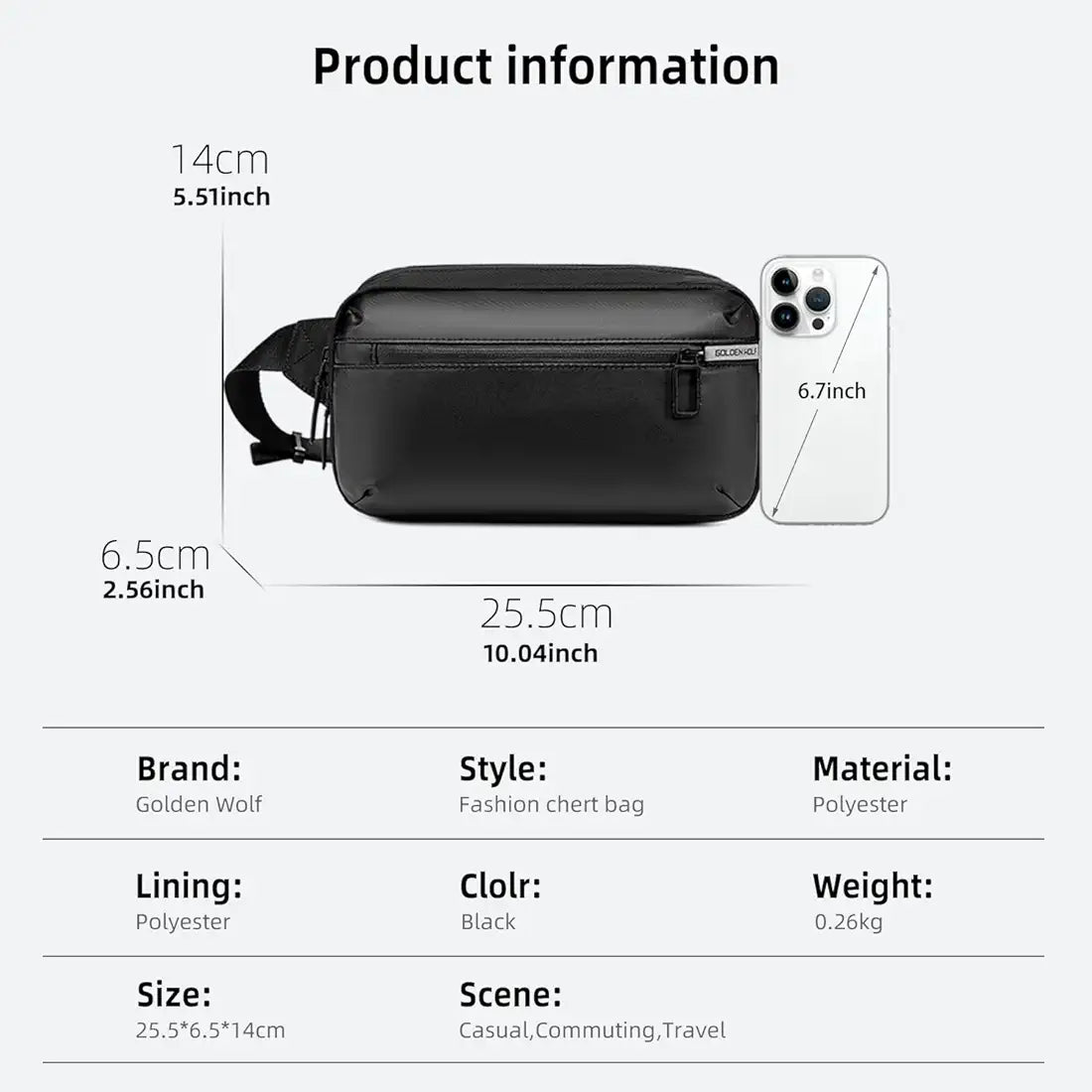 Sac de poitrine Golden Wolf pour homme, sac bandoulière 2 L, sac transversal pour téléphone portable et passeport, sac latéral élégant, sac banane résistant à l’eau, idéal pour le bureau, les sorties décontractées et l’usage quotidien.