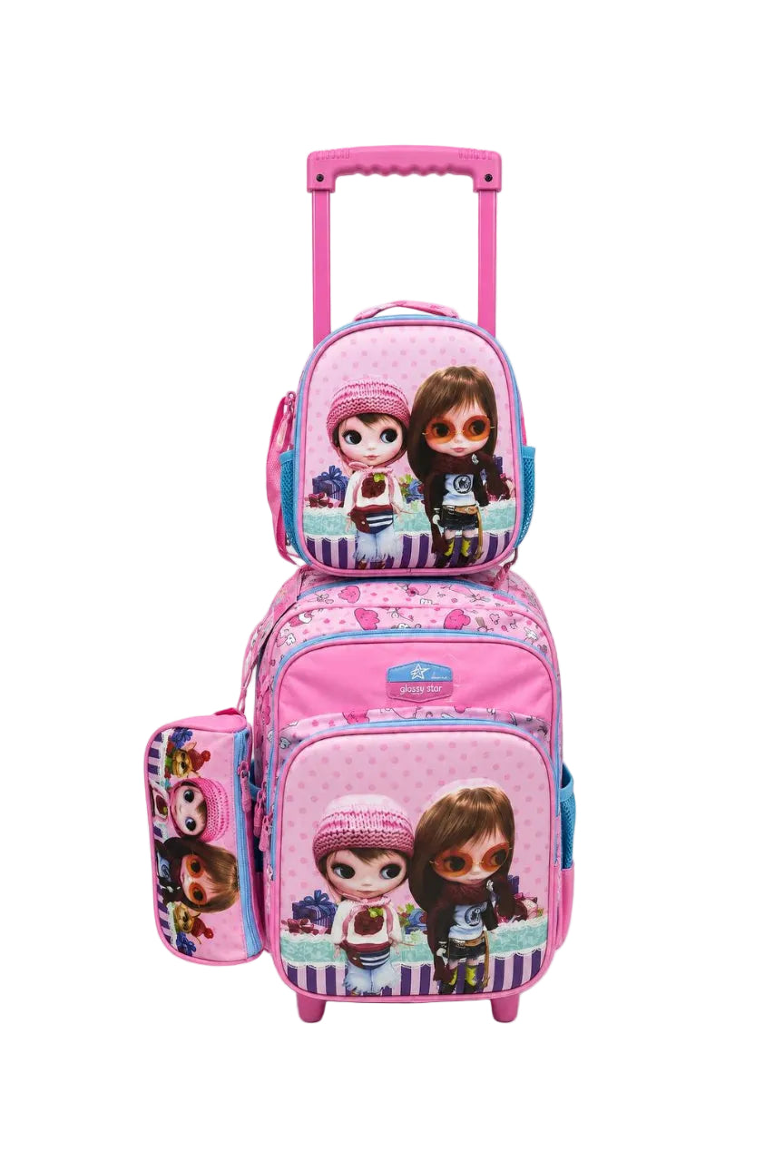 Ensemble de sacs d'école à roulettes (trolley) 3 en 1 pour enfants de Glossy Star - Sac à dos, sac à goûter et trousse au design moderne