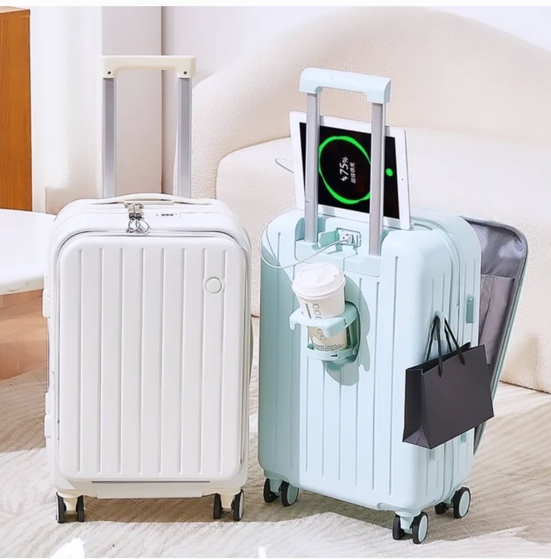 2025 usine nouveau Design ABS + PC aluminium chariot bagages ouverture avant sacs de voyage avec porte-gobelet USB charge valise