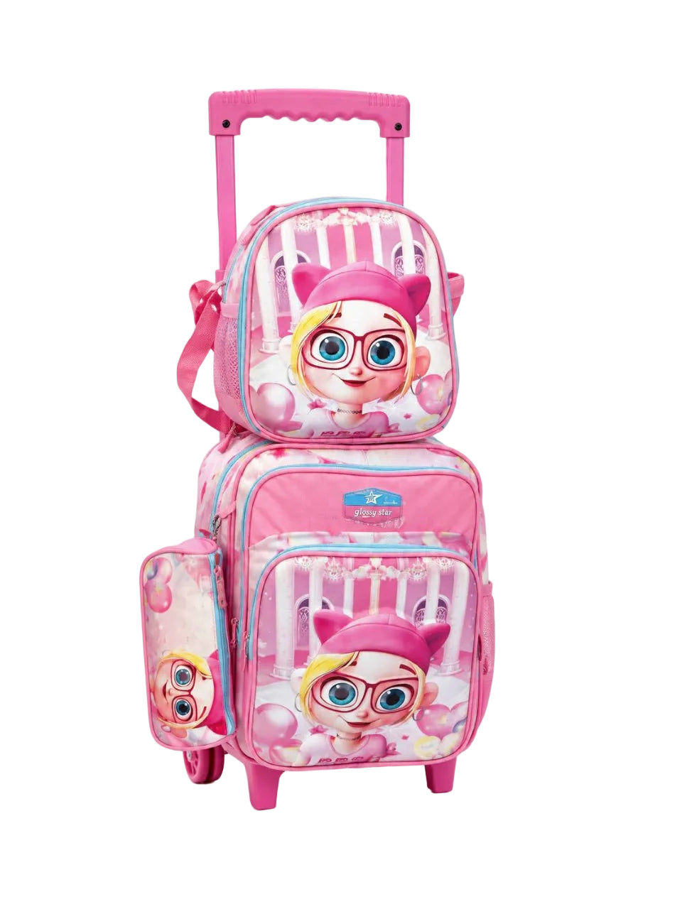 Ensemble de sacs d'école à roulettes (trolley) 3 en 1 pour enfants de Glossy Star - Sac à dos, sac à goûter et trousse au design moderne