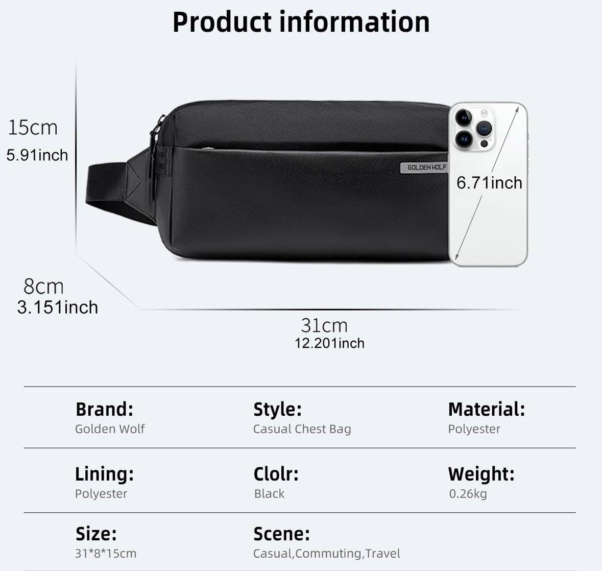 Sac Banane Golden Wolf – Pochette Ceinture Noir Étanche & Compacte 🖤✨