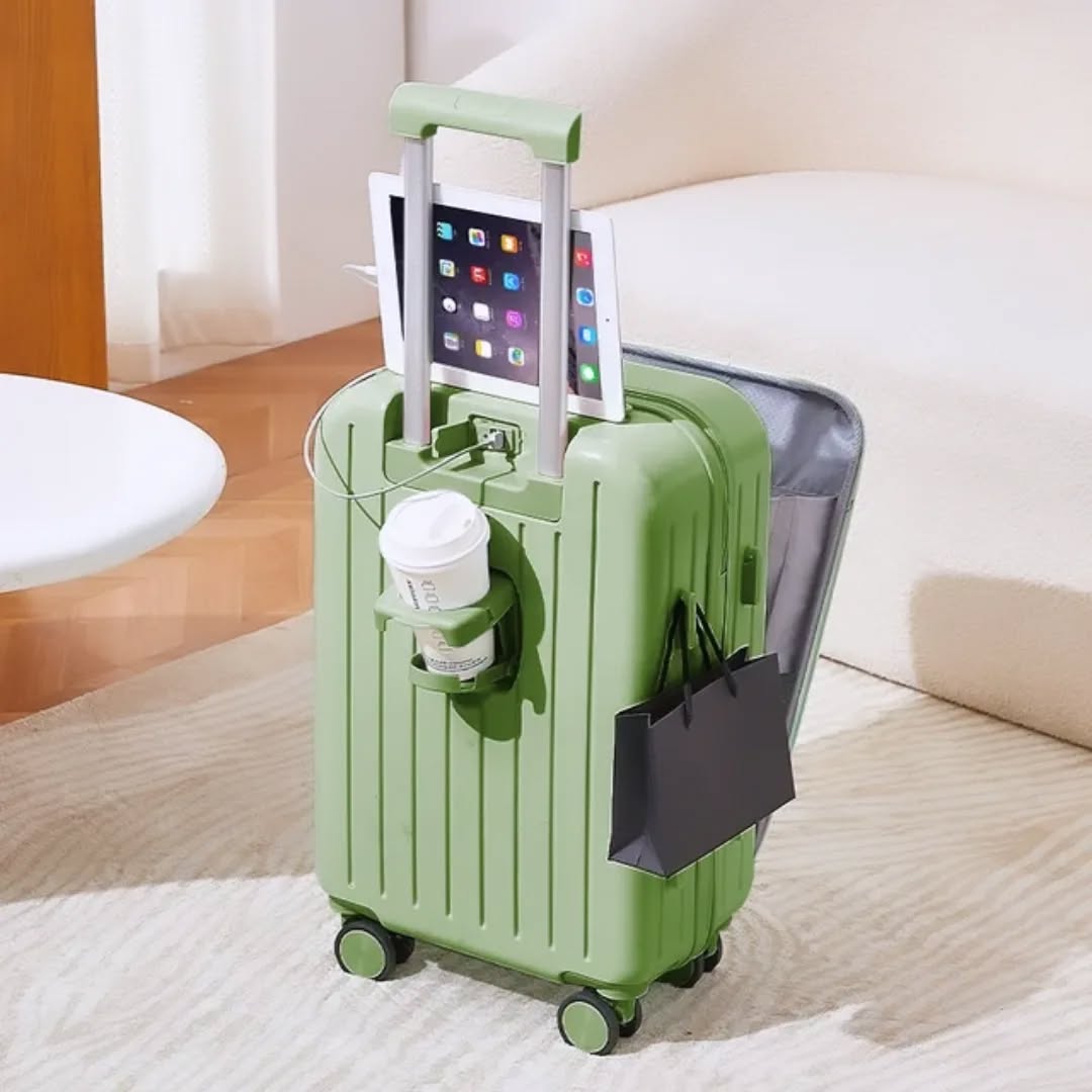 2025 usine nouveau Design ABS + PC aluminium chariot bagages ouverture avant sacs de voyage avec porte-gobelet USB charge valise