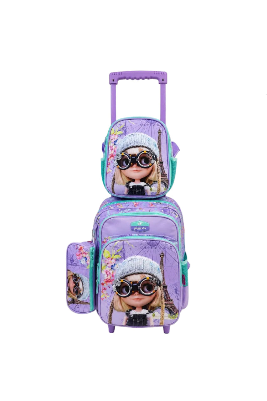 Ensemble de sacs d'école à roulettes (trolley) 3 en 1 pour enfants de Glossy Star - Sac à dos, sac à goûter et trousse au design moderne