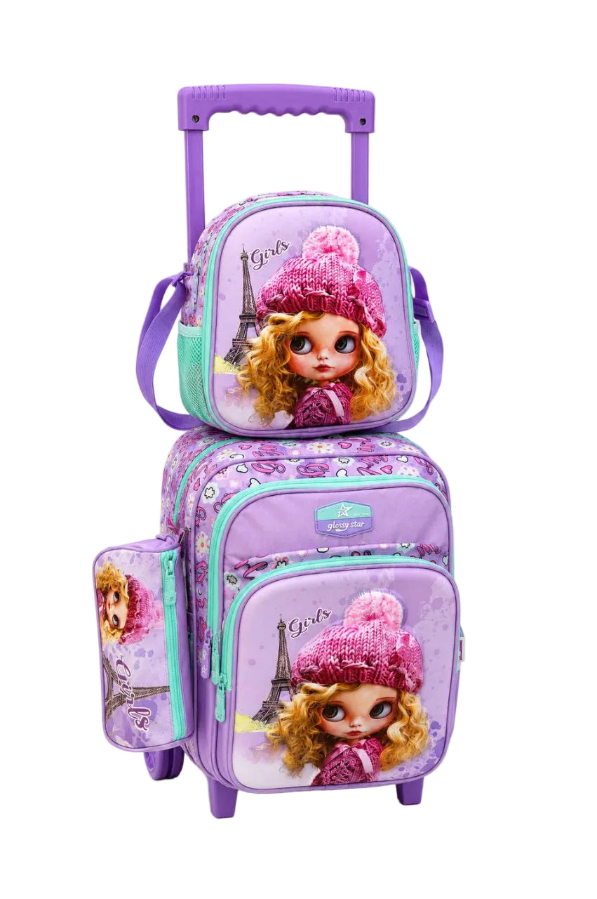 Ensemble de sacs d'école à roulettes (trolley) 3 en 1 pour enfants de Glossy Star - Sac à dos, sac à goûter et trousse au design moderne