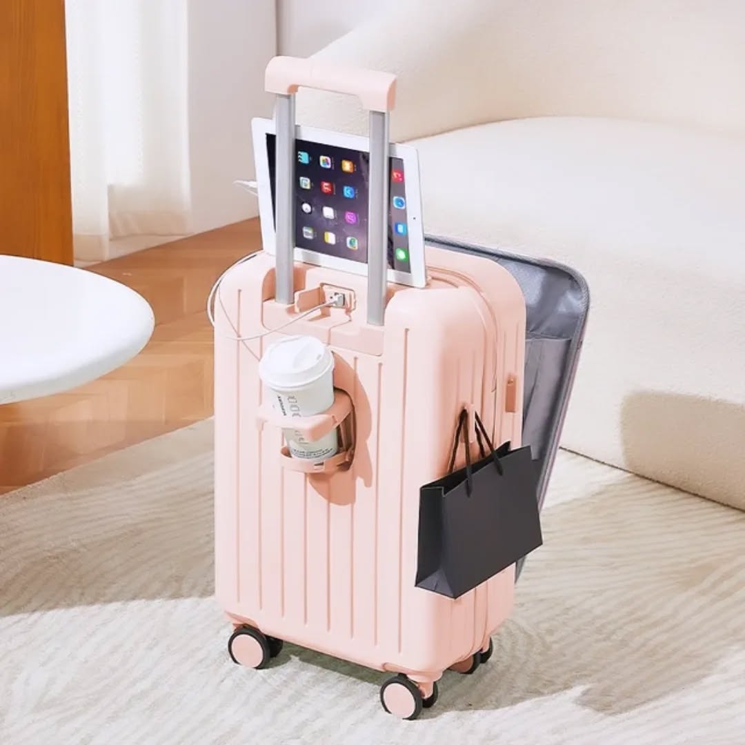 2025 usine nouveau Design ABS + PC aluminium chariot bagages ouverture avant sacs de voyage avec porte-gobelet USB charge valise